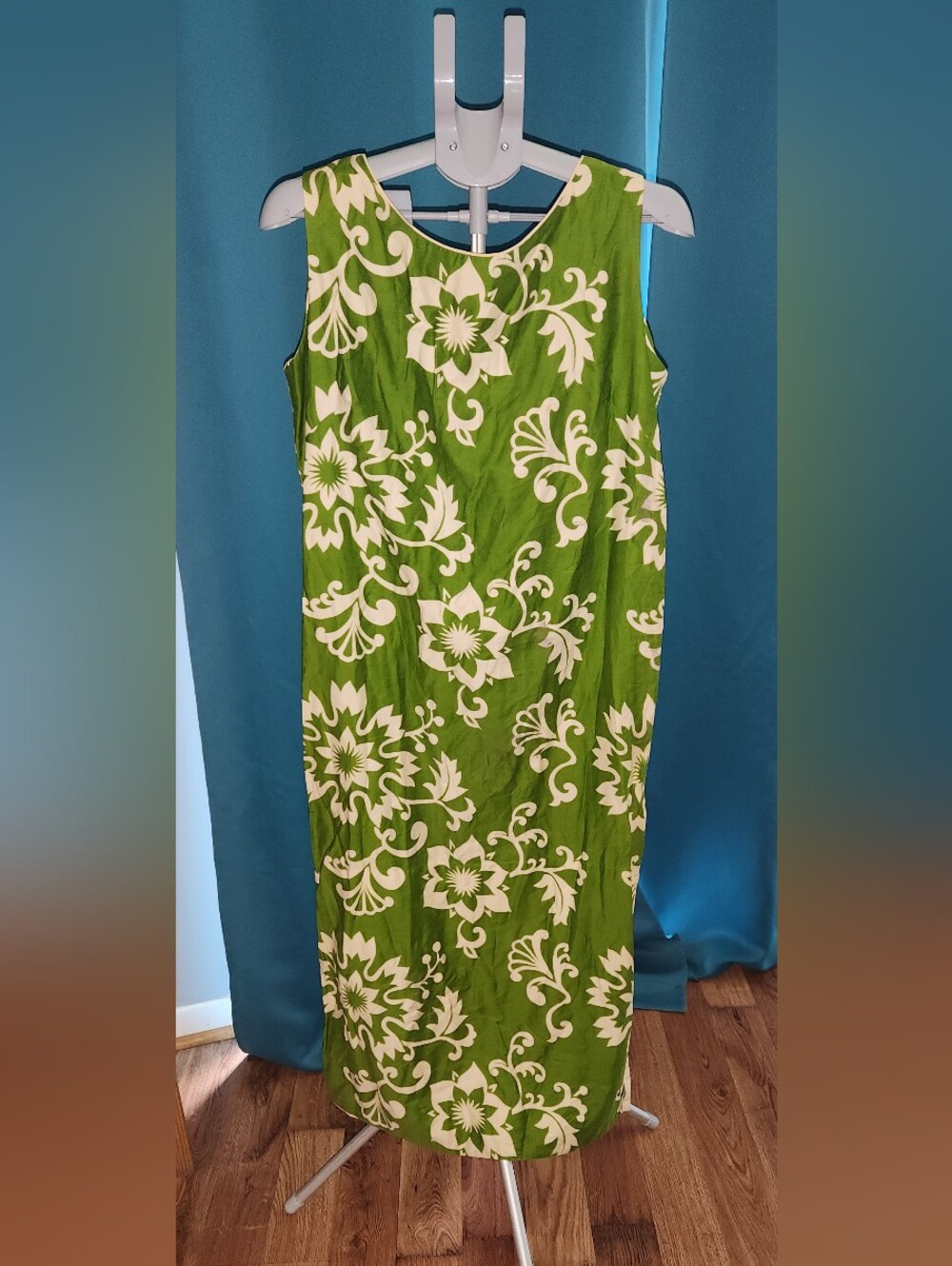 VTG 60S TIKI Green Floral Maxi Dress -